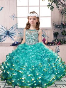 Floor Length Ball Gowns Sleeveless Teal Girls Pageant Dresses Lace Up
