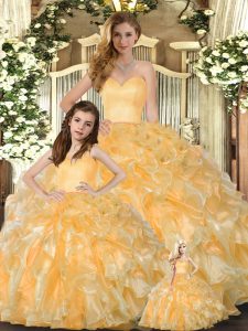 Gold Sweetheart Neckline Beading and Ruffles Quince Ball Gowns Sleeveless Lace Up