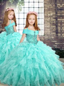 High Quality Aqua Blue Sleeveless Organza Lace Up Little Girl Pageant Gowns for Party and Sweet 16 and Wedding Party