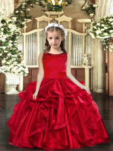 Trendy Organza Scoop Sleeveless Lace Up Ruffles Pageant Dress for Girls in Red