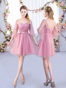 Glamorous Pink Half Sleeves Tulle Lace Up Quinceanera Court Dresses for Wedding Party