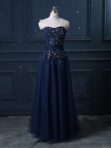 Sleeveless Floor Length Lace Zipper Dress for Prom with Navy Blue