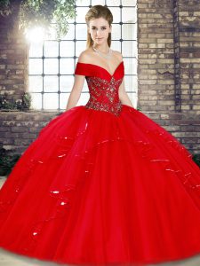 Red Off The Shoulder Neckline Beading and Ruffles Quinceanera Dress Sleeveless Lace Up