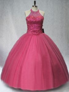 Ball Gowns Quinceanera Dress Red Halter Top Tulle Sleeveless Floor Length Lace Up