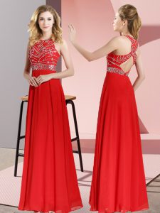 Fashionable Floor Length Red Prom Party Dress Chiffon Sleeveless Beading