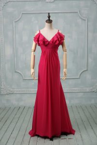 Lovely Zipper Hot Pink for Prom and Party and Military Ball with Ruching Brush Train