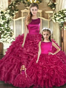 Floor Length Lace Up Quince Ball Gowns Fuchsia for Military Ball and Sweet 16 and Quinceanera with Ruffles