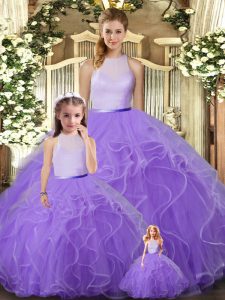 Fashionable Lavender High-neck Backless Ruffles Quinceanera Gown Sleeveless