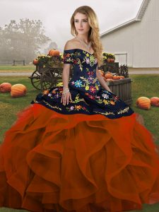 Gorgeous Rust Red Ball Gowns Off The Shoulder Sleeveless Tulle Floor Length Lace Up Embroidery and Ruffles Sweet 16 Quinceanera Dress