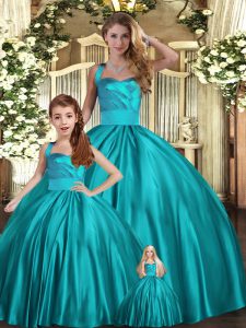 Sleeveless Satin Floor Length Lace Up Sweet 16 Dress in Teal with Ruching