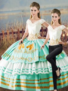 Satin and Organza V-neck Sleeveless Lace Up Embroidery and Ruffled Layers Quinceanera Dresses in Apple Green