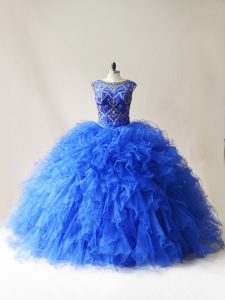 Scoop Sleeveless Tulle Ball Gown Prom Dress Beading and Ruffles Lace Up