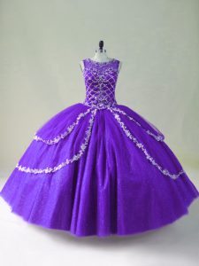 Ball Gowns Ball Gown Prom Dress Purple Scoop Tulle Sleeveless Floor Length Zipper