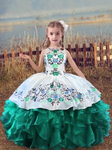 Charming Turquoise Scoop Neckline Embroidery and Ruffles Kids Formal Wear Sleeveless Lace Up