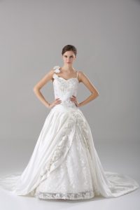 White A-line Spaghetti Straps Sleeveless Taffeta Brush Train Lace Up Lace and Embroidery and Hand Made Flower Wedding Gown