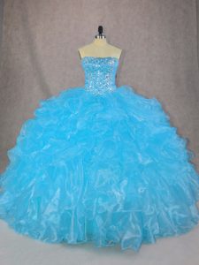 Affordable Blue Lace Up Strapless Beading and Ruffles Ball Gown Prom Dress Organza Sleeveless
