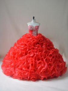 Fabric With Rolling Flowers Sweetheart Sleeveless Court Train Lace Up Beading and Ruffles Quinceanera Gowns in Red