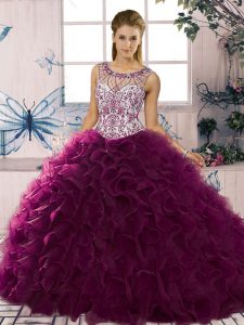 Beading and Ruffles Quince Ball Gowns Dark Purple Lace Up Sleeveless Floor Length
