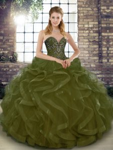 Admirable Olive Green Ball Gowns Beading and Ruffles 15 Quinceanera Dress Lace Up Tulle Sleeveless Floor Length