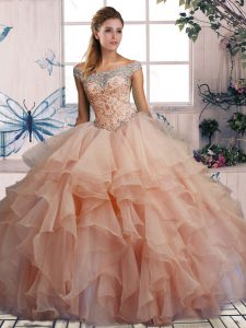 Pink Organza Lace Up Off The Shoulder Sleeveless Floor Length Sweet 16 Dresses Beading and Ruffles