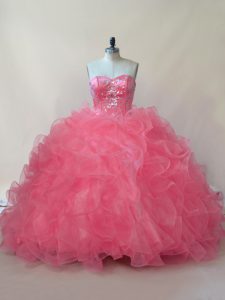 Customized Coral Red Ball Gowns Organza Sweetheart Sleeveless Beading and Ruffles Floor Length Lace Up Quinceanera Gowns