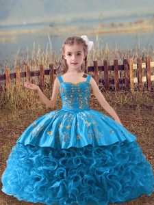 Baby Blue Fabric With Rolling Flowers Lace Up Straps Sleeveless Girls Pageant Dresses Sweep Train Embroidery