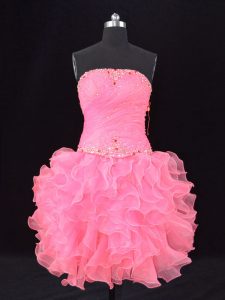 Strapless Sleeveless Lace Up Homecoming Dresses Rose Pink Organza