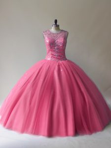 Scoop Sleeveless Tulle Quinceanera Gowns Beading Lace Up