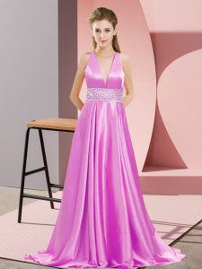 Lilac Empire Elastic Woven Satin V-neck Sleeveless Beading Backless Celebrity Dresses Brush Train