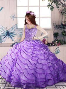 Sleeveless Beading and Ruffled Layers Lace Up Pageant Dress Wholesale with Lavender Brush Train
