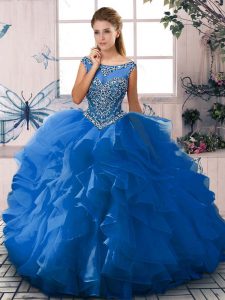 Sweet Blue Sleeveless Beading and Ruffles Floor Length Sweet 16 Quinceanera Dress