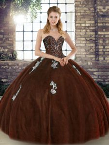 Brown Sweet 16 Quinceanera Dress Military Ball and Sweet 16 and Quinceanera with Beading and Appliques Sweetheart Sleeveless Lace Up