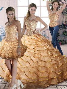 Three Pieces Sleeveless Gold Quince Ball Gowns Brush Train Lace Up
