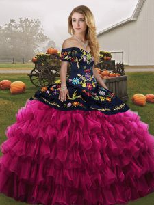 Off The Shoulder Sleeveless Quinceanera Dress Floor Length Embroidery and Ruffled Layers Fuchsia Organza