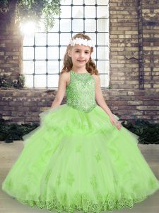 Sleeveless Tulle Floor Length Lace Up High School Pageant Dress in with Lace and Appliques