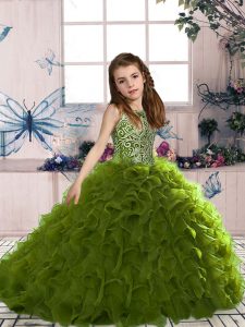 Adorable Floor Length Ball Gowns Sleeveless Olive Green Kids Formal Wear Lace Up