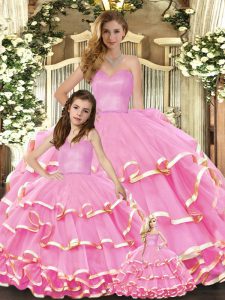 Fancy Rose Pink Lace Up Sweetheart Ruffled Layers Quinceanera Gown Organza Sleeveless
