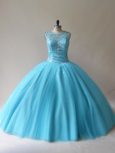 Cheap Floor Length Ball Gowns Sleeveless Baby Blue Quince Ball Gowns Lace Up