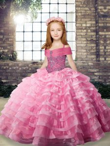 Organza Straps Sleeveless Brush Train Lace Up Beading and Ruffled Layers Pageant Gowns in Rose Pink