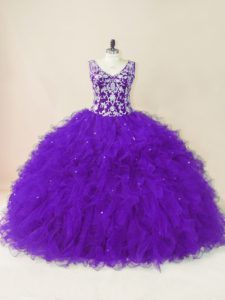 Purple V-neck Neckline Beading and Ruffles Sweet 16 Quinceanera Dress Sleeveless Backless