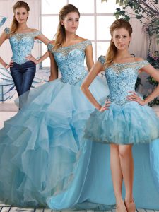 Sexy Floor Length Lace Up Sweet 16 Dresses Light Blue for Military Ball and Sweet 16 and Quinceanera with Beading and Ruffles