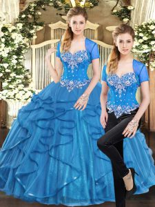 Fabulous Sleeveless Tulle Floor Length Lace Up Sweet 16 Dresses in Blue with Beading and Ruffles