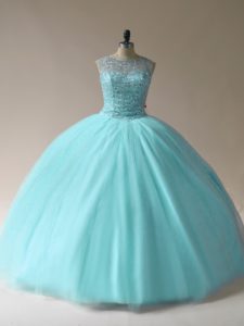 Comfortable Ball Gowns Quinceanera Gown Aqua Blue Scoop Tulle Sleeveless Floor Length Lace Up