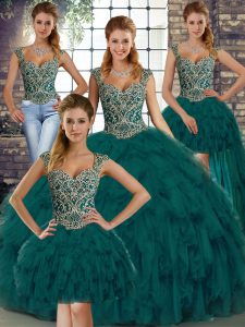 Graceful Peacock Green Straps Lace Up Beading and Ruffles Sweet 16 Dress Sleeveless
