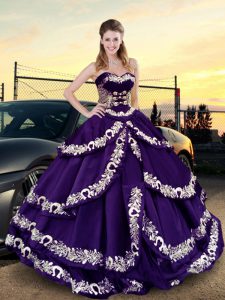 Best Selling Purple Lace Up Sweetheart Embroidery and Ruffled Layers Quinceanera Dresses Satin and Taffeta Sleeveless