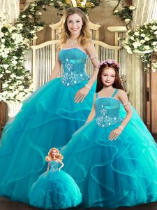 Super Aqua Blue Tulle Lace Up Quinceanera Dress Sleeveless Floor Length Beading and Ruffles