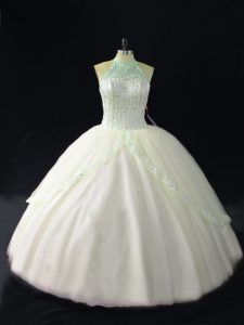 White Sweet 16 Quinceanera Dress Sweet 16 and Quinceanera with Beading Halter Top Sleeveless Lace Up