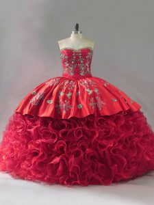 Fashionable Red Ball Gowns Sweetheart Sleeveless Fabric With Rolling Flowers Brush Train Lace Up Embroidery Vestidos de Quinceanera