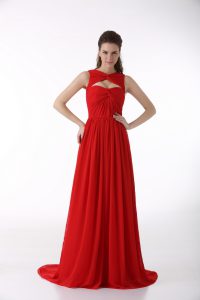 Extravagant Red Sleeveless Brush Train Ruching Prom Gown