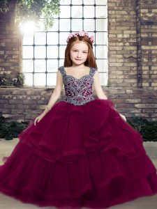 Fuchsia Ball Gowns Beading and Ruffles Little Girl Pageant Gowns Lace Up Tulle Sleeveless Floor Length